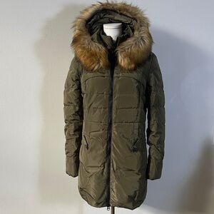 Down Insulated Puffer Mid Length Jacket Faux Fur Hood Two Way Zip M Winter Green